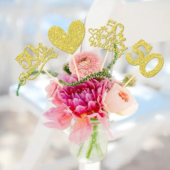 12 PCS 50th Anniversary Centerpiece Sticks Double Sided Gold Glitter {5}