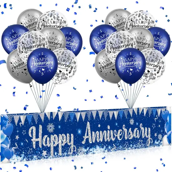 Blue Happy Anniversary Decorations - Banner and 18pcs Balloons {1}