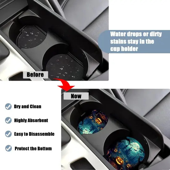 Pack of 2 -Cup Holders Car Coasters - Halloween Night Pumpkins Absorbent Ceramic Coaster {4}