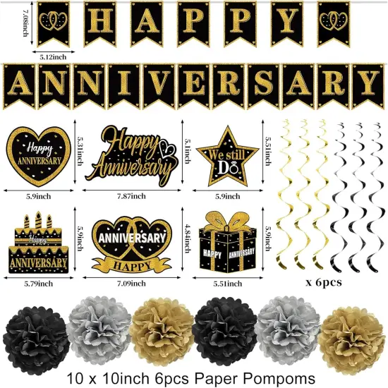Happy Anniversary Decorations &ndash; Black & Gold Kit with Banner, Backdrop, Centerpieces & Swirls {2}