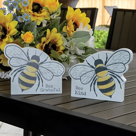 Bee Kind & Bee Grateful Wooden Sitters Rustic Arched Spring Decor Blocks with Bumblebee Art - Asstd. 2 {3}