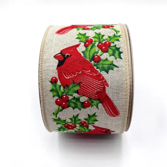 Designer&rsquo;s Shop WR 63-5204 Holiday Red Cardinals with holly and red berries Wired edge ribbon 2.5&rdquo; x 10 yard {2}