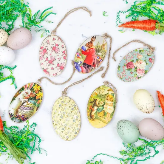 Vintage Egg Easter Ornaments 6ct Bunny Spring Decor Set {3}