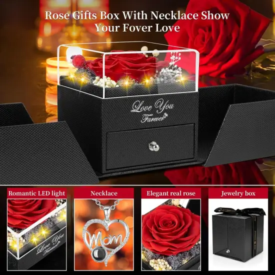 Preserved Red Real Roses with I Love You in 100 Languages Mom Necklace {2}