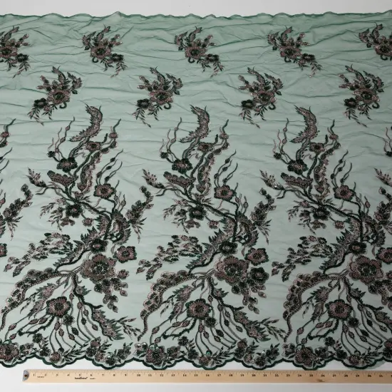 1 Yard Embroidered Beaded and Sequined Lace Fabric with Floral Pattern 50/52&Prime; Wide Hunter Green {5}
