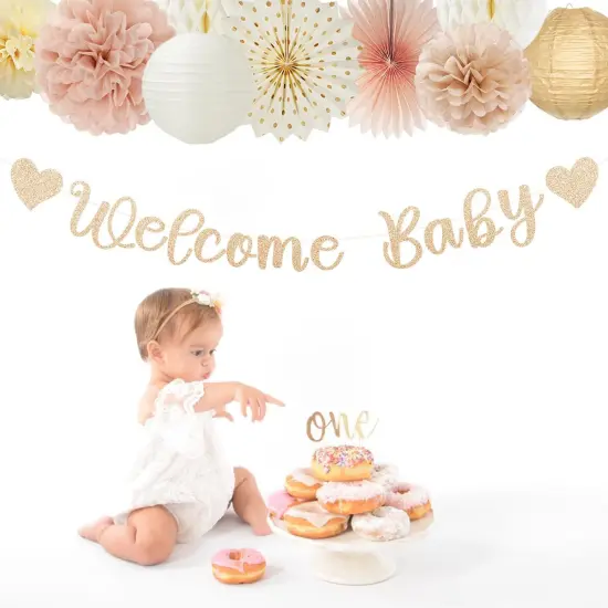 21pcs Girls Welcome Baby Banner,Beige One Sweet Peach Paper Lanterns Pom Poms {4}