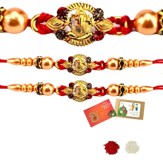 2CT Ganesha Rakhi for Brother Bhaiya Bhabhi Traditional Handmade Designer Rakhi Set Roli Chawal, Greeting Card Rakshabandhan Rakhi Bracelet Hemper Gift Thread Bracelet {2}