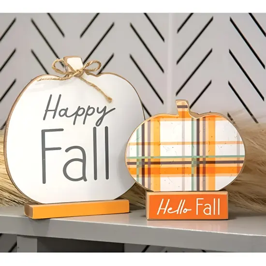 Set of 2 Wooden Fall Pumpkins &ndash; &lsquo;Hello Fall&rsquo; & &lsquo;Happy Fall&rsquo; Freestanding Autumn D&eacute;cor with Jute Bow {2}