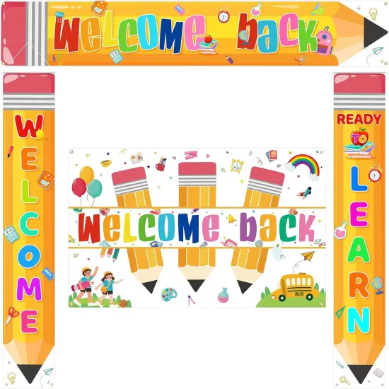 4 Pcs Welcome to School Banner First Day of School Photo Backdrop Welcome Back Sign {1}