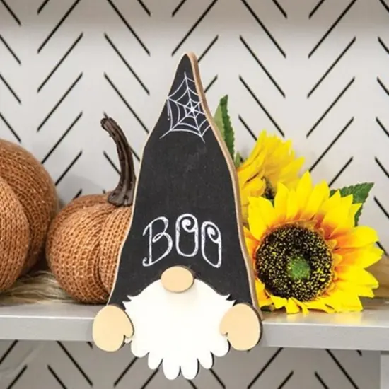 Boo Gnome Shelf Sitter Halloween Wood Decor with Spiderweb Hat Accent {2}