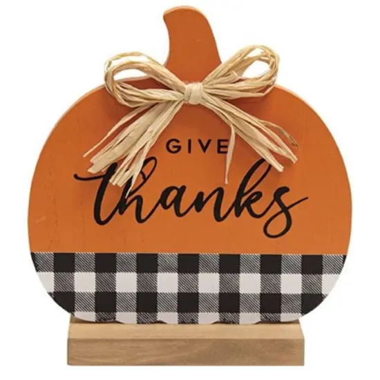 Buffalo Check Pumpkin Wooden Sitter for Mantel or Shelf Decor Give Thanks {5}