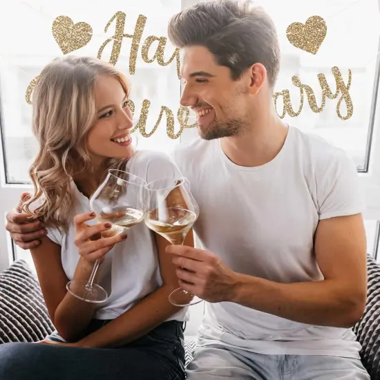 Pre-Strung Happy Anniversary Banner - Gold Glitter {4}