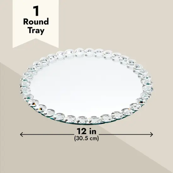 Okuna Outpost 12 in Crystal Bead Round Mirror Tray to Display Perfume, Jewelry, Candles, Bling Serving Tray for Bathroom, Living Room, Office, Vanity, Home Decor Silver {4}