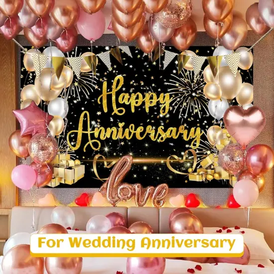 Happy Anniversary Banner Black and Gold Decorations for Party Supplies {2}