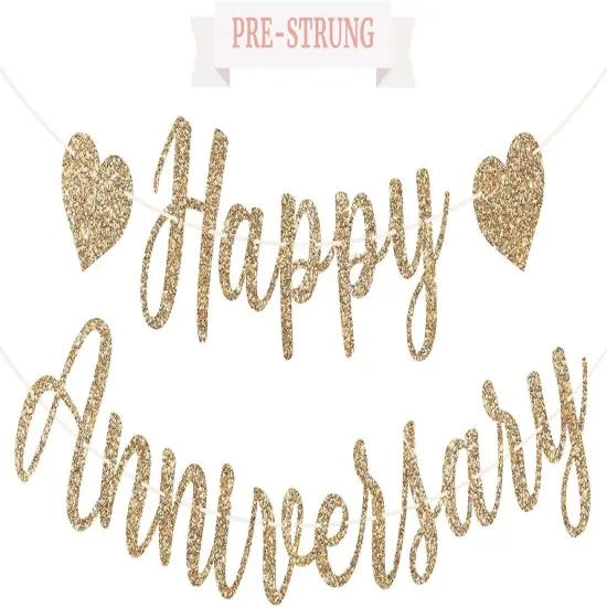 Pre-Strung Happy Anniversary Banner - Gold Glitter {1}