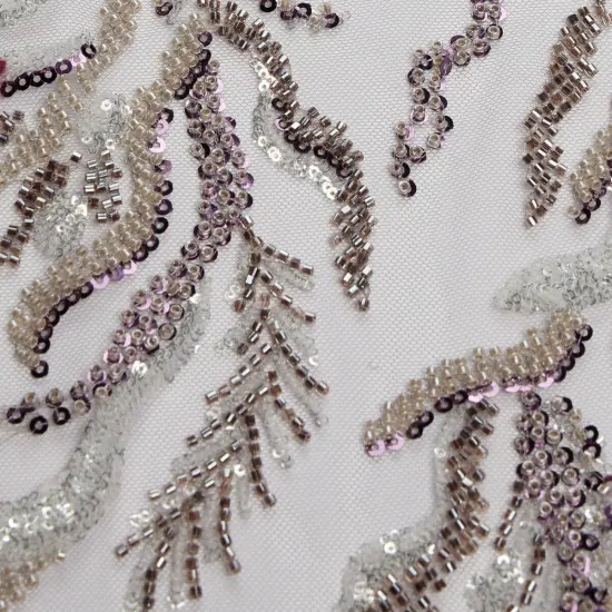 1 Yard Embroidered Lace Fabric Beaded & Sequined with Rich Design, 50/52&Prime; Wide Teupe/ Plum {1}