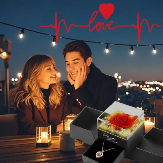 Preserved Real Rose with 100 Languages Necklace and 2-Layered Ring {2}