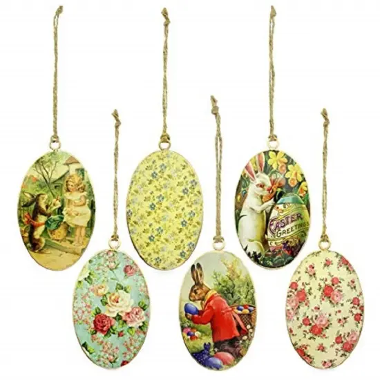 Vintage Egg Easter Ornaments 6ct Bunny Spring Decor Set {1}