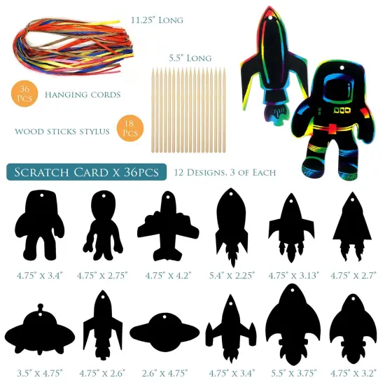 Wrapables 36pc Rainbow Scratch Arts Ornaments, DIY Magic Scratch Arts and Crafts, Outer Space {2}