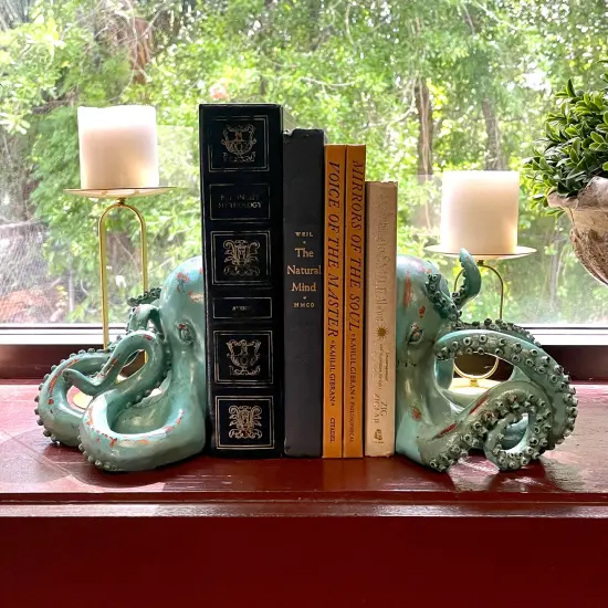 Aqua Green Octopus Bookends Set of 2 Nautical Polyresin Coastal Shelf Decor {7}