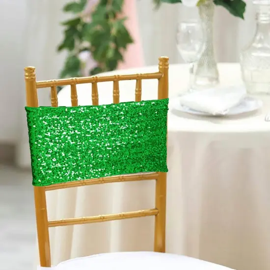 10 Pieces Radiant Emerald Green Sequin Stretch Spandex Chair Bands 7 x 13 Inches {3}