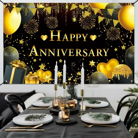 Happy Anniversary Decorations Kit - 5.9x3.6Ft Banner & 18PC Black & Gold Balloons {3}