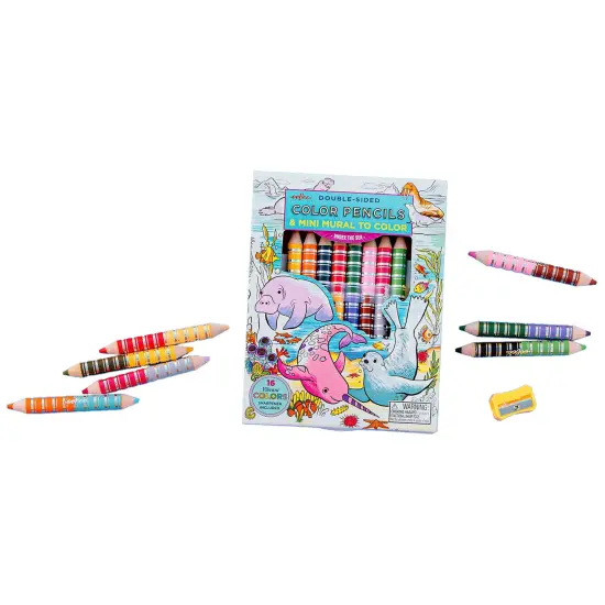 eeBoo: Biggies Color Pencils: Under The Seas - 8 Double-Sided Chunky Pencils & Mini Ocean Coloring Mural, Shiny Foil Accents, Sharpener, Kids Age 3+ {6}