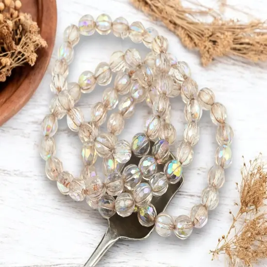 *20* 8mm Metallic Beige Washed Crystal AB Faceted Round Melon Beads {2}