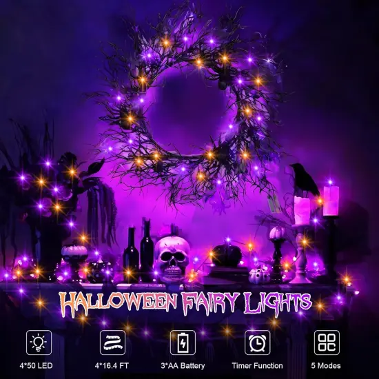 4 Pack 16.4Ft 50 LED Purple Orange Halloween Fairy Lights {2}