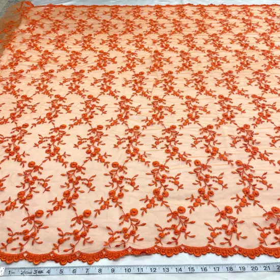 1 Yard Beaded Lace Fabric Embroidered Pearl Sequin Bridal Mesh Wedding Dress 54" Width Orange {1}