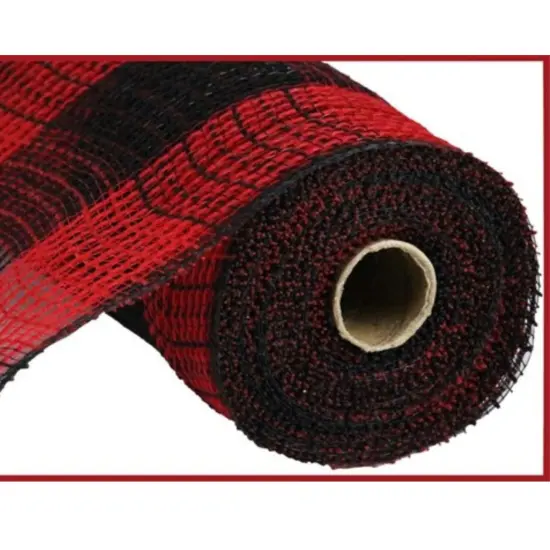 10.25" Faux Jute Check Mesh Ribbon: Red & Black (10 Yards) {1}