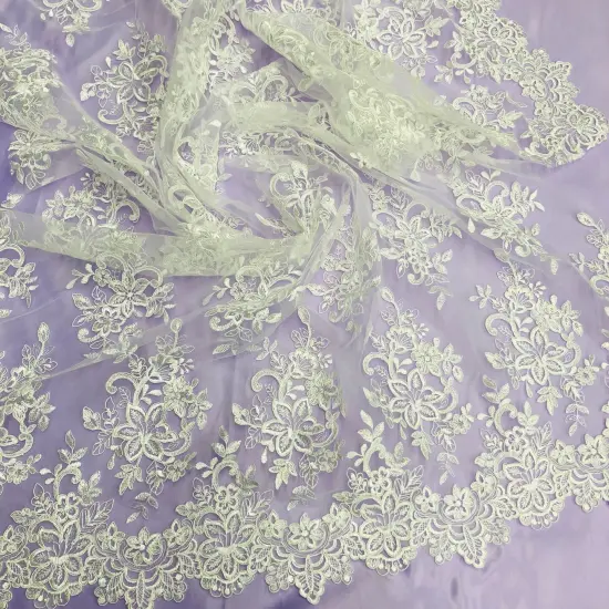 1 Yard Corded Bridal Lace Fabric Embroidered Elegant Mesh Dress 54" Width Ivory {1}
