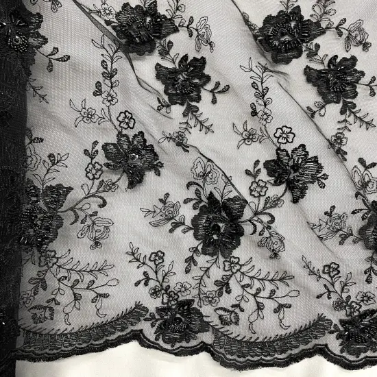 1 Yard Black Beaded Lace Fabric Embroidered Pearl Sequin Mesh Formal Dress 52" Width {2}