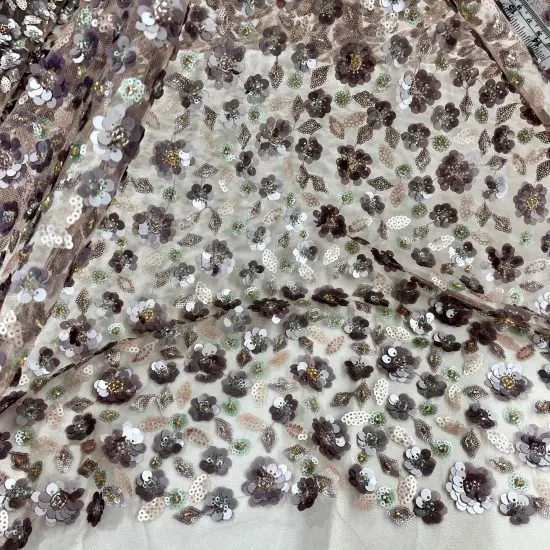 1 Yard Beaded and Sequined Lace Fabric Embroidered Net Mesh 54" Width Mauve {6}