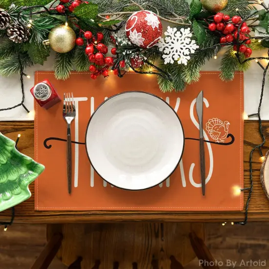 Set of 4 Give Thanks Turkey Fall Placemats - 12x18 Inch (Orange) {2}