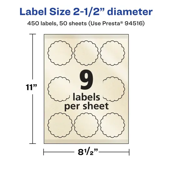 Avery Pearlized Ivory Round Scalloped Labels with Sure Feed Technology, Print-to-the-Edge, 2.5" diameter {5}