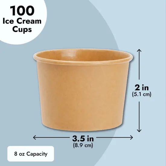 100 Pack Paper Ice Cream Cups, Disposable Dessert Bowls for Sundae Bar, Frozen Yogurt, Brown (8 oz) {4}