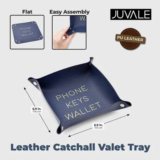 Juvale Leather Catchall Dish, Valet Tray, Phone Wallet Keys Holder, Entryway Basket for Keys, Organizer Tray for Entryway, Nightstand and Desk, Navy Blue, 6.9 x 6.9 x 2.2 in {2}