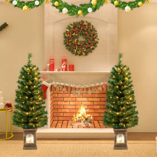 Costway 4 FT Pre-Lit Potted Christmas Tree Artificial Entrance Decor with 3 Lighting Modes {9}