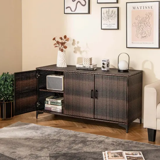 Costway 84 Gallon 3-Door Patio Wicker Storage Cabinet Deck Box with Removable Shelves Black/Mix Brown {2}