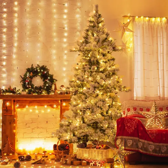 Costway 7 FT Flocked Christmas Tree Hinged Xmas Decoration with 420 LED Lights & 1057 Tips {2}