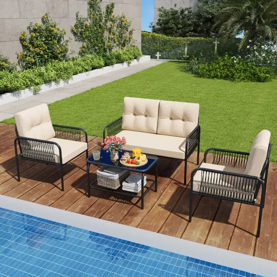 Costway 4 PCS Patio Furniture Set with Loveseat Tempered Glass Coffee Table & Soft Cushions {1}