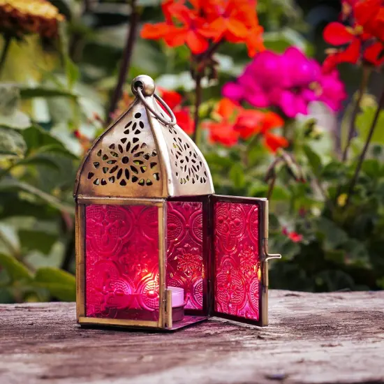 In the Breeze 9200 &mdash; Pink Mini Square Tealight Lantern &mdash; Moroccan-Style Boho Chic Tealight Glass and Metal Tabletop Lantern {3}