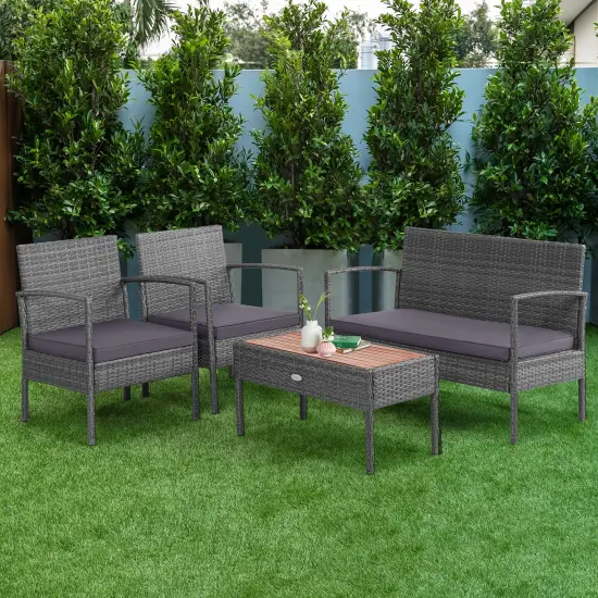 Costway 8PCS Patio Rattan Furniture Set Cushioned Chair Wooden Tabletop Gray {2}