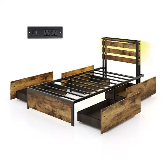 Rustic Brown Platform Bed Metal Frame with Drawers LED Lights and USB Ports {1}