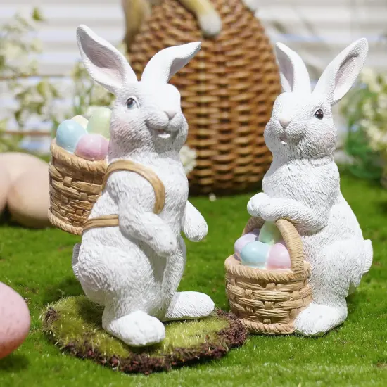 Easter-Basket Bunny-Decor-Figurines Home-Decorations - 2PC Easter Decorations Table Ornaments Resin Spring Bunny Carry Egg Basket Tabletop Decorations for Home Farmhouse 5.25H inch Newman House Studio {4}