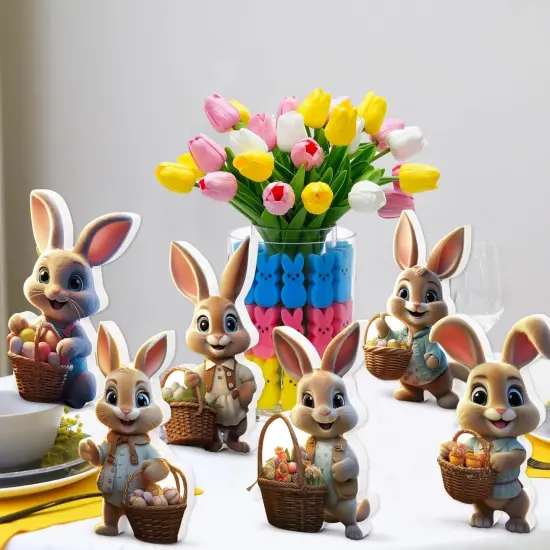 6 PCS Easter Bunny Decorations Indoor, Easter Bunny Wooden Signs, Table Centerpieces Easter Rabbit with Basket Egg {1}