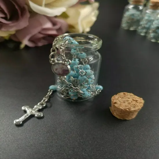 12 Rosary in Glass Bible Cross Blue Beads CATHOLIC Mary Crucifix Necklace Bottle {2}