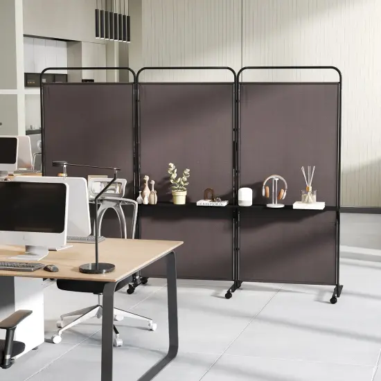 3-Panel Folding Room Divider with 3 Metal Shelves and Lockable Wheels Brown {2}