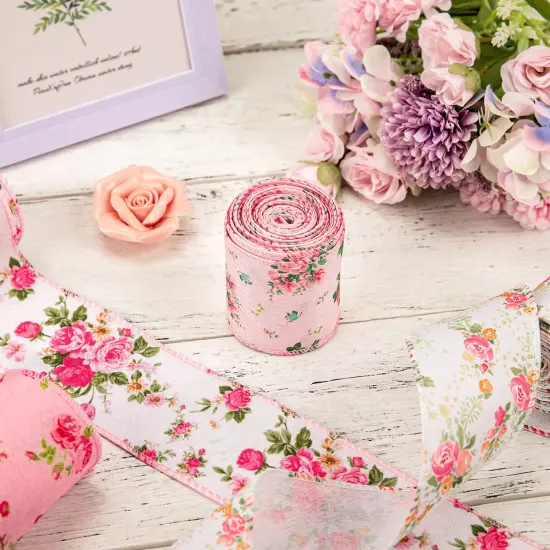 Floral Wired Edge Ribbon 4 Rolls Rose Flower Pattern Ribbon Spring Summer Fabric Decorative Craft Ribbon Roll for Gift Wrapping Decor Hair Bow Sewing Wreath Crafts, 20 Yard x 2.5 Inch {4}